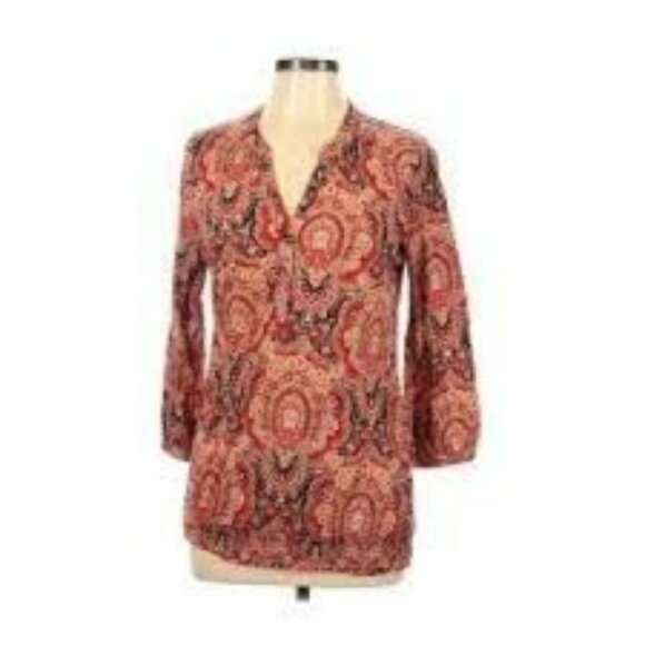 Lucky Brand Tops - Lucky Brand 3/4 Sleeve Blouse Women's Red Boho Print Elastic Waistband Size XS